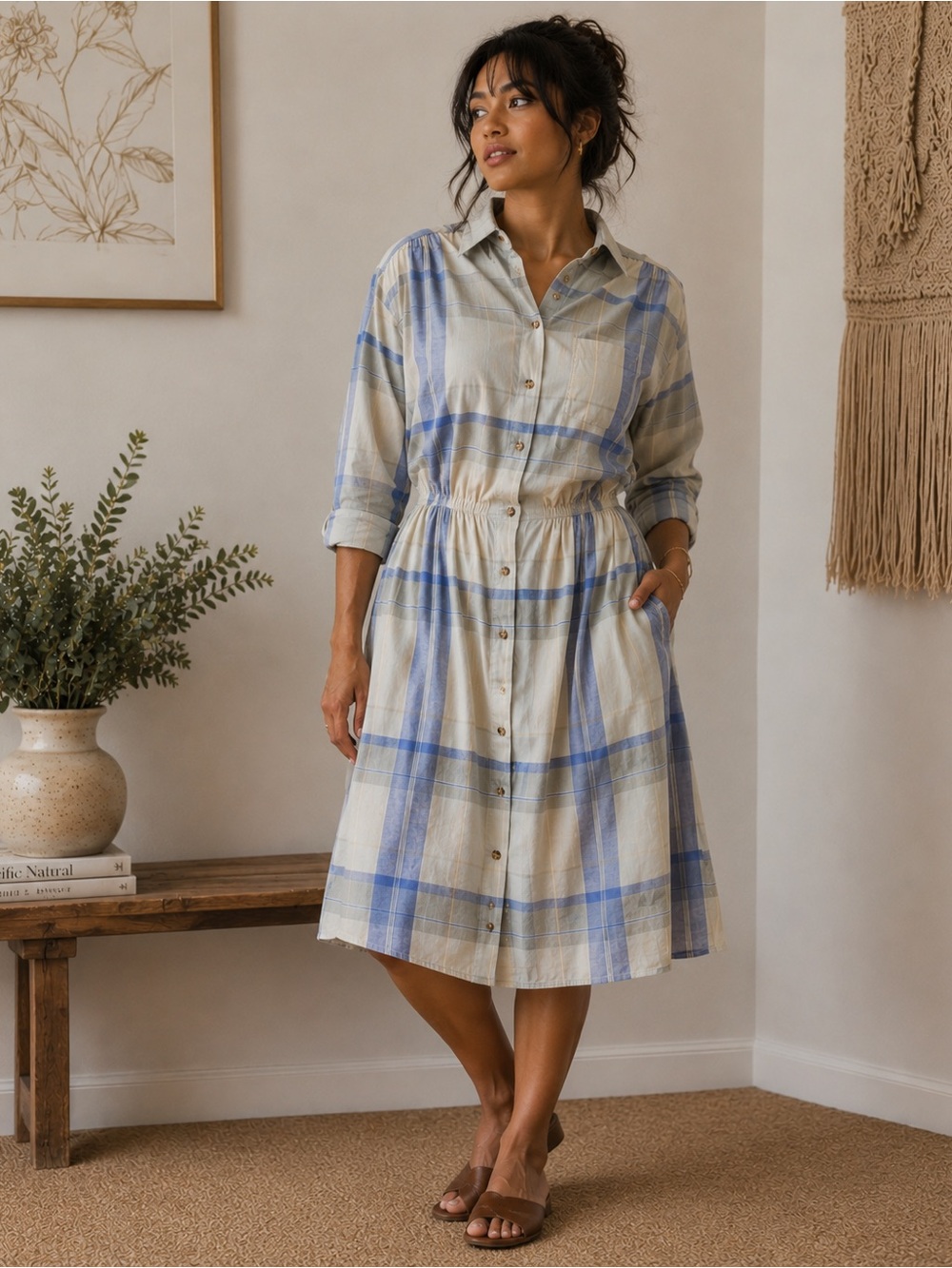 L.L. Bean Vintage Long Sleeve Plaid Dress - Blue and Cream